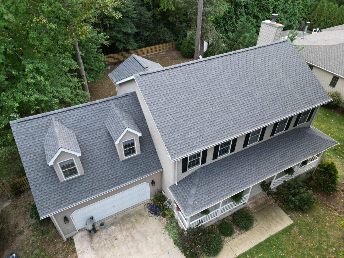 Aerial view of a light grey shingle roof