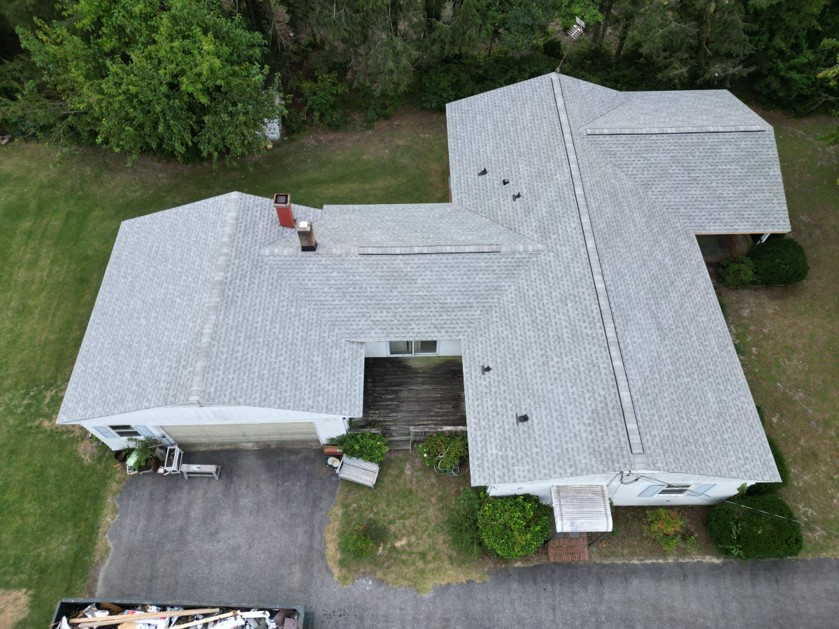 Light grey shingle roof on a residential house