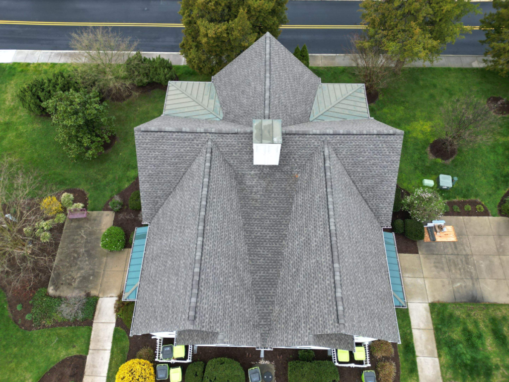Aerial view of a grey shingle roof