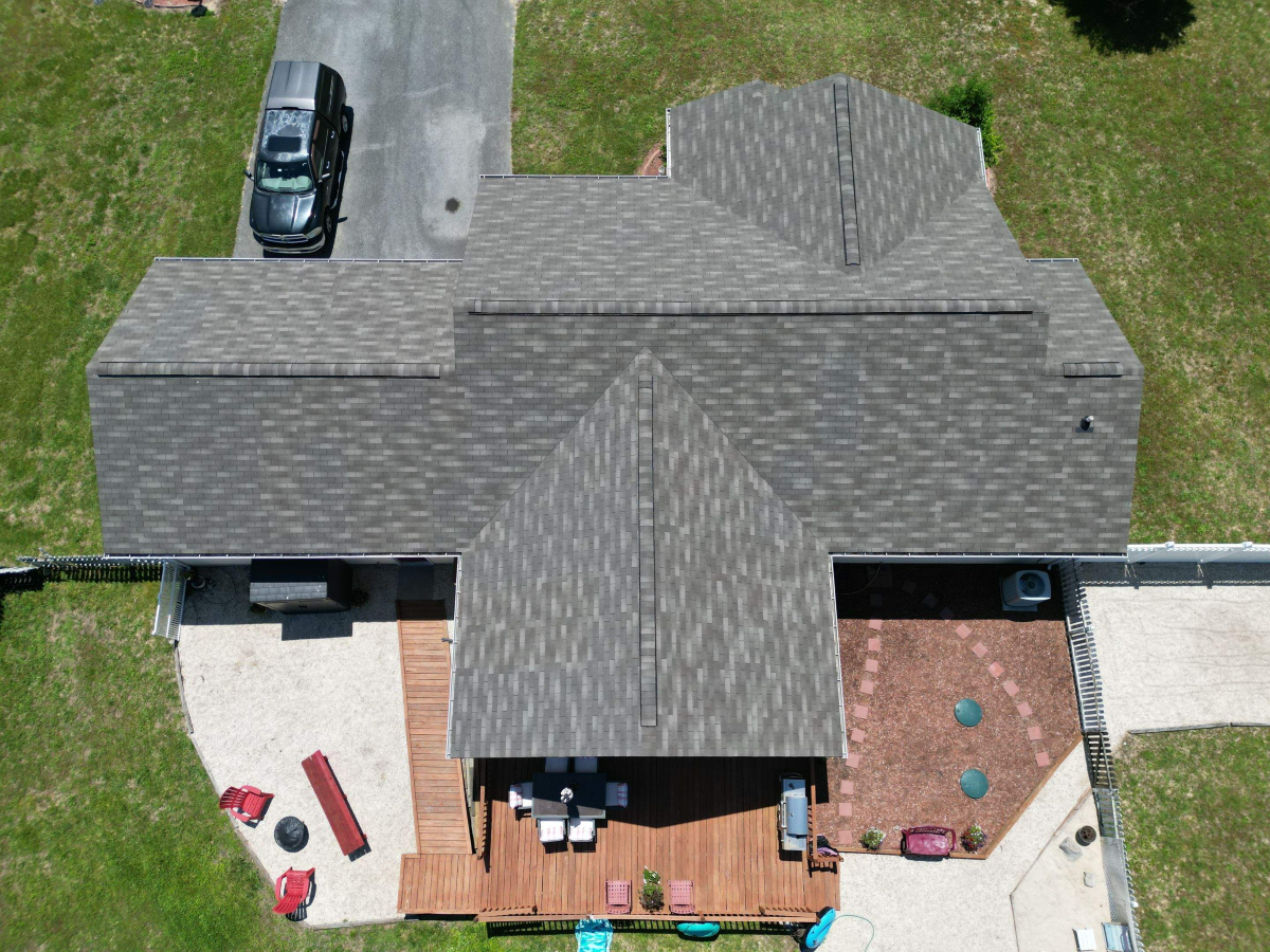 Aerial view of a new shingle roof