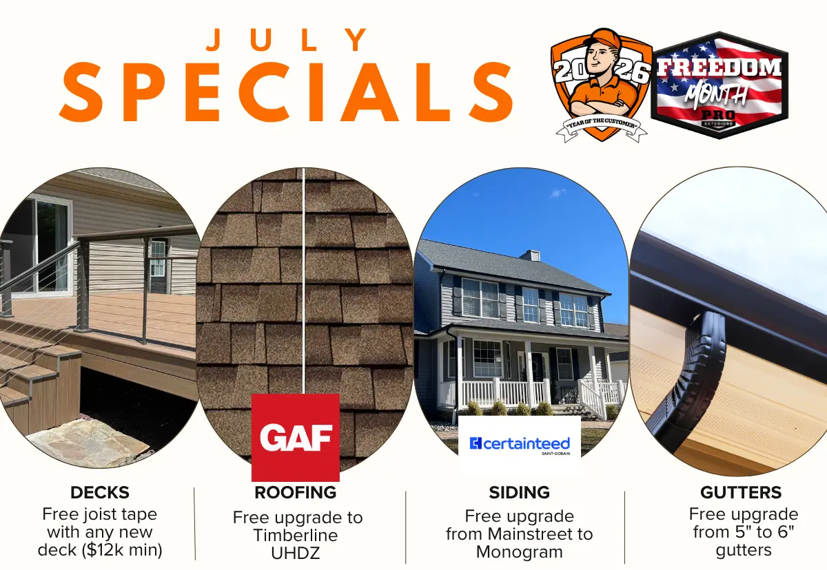 Pro Exteriors July 2026 sales promotions listed with corresponding images for each included service type