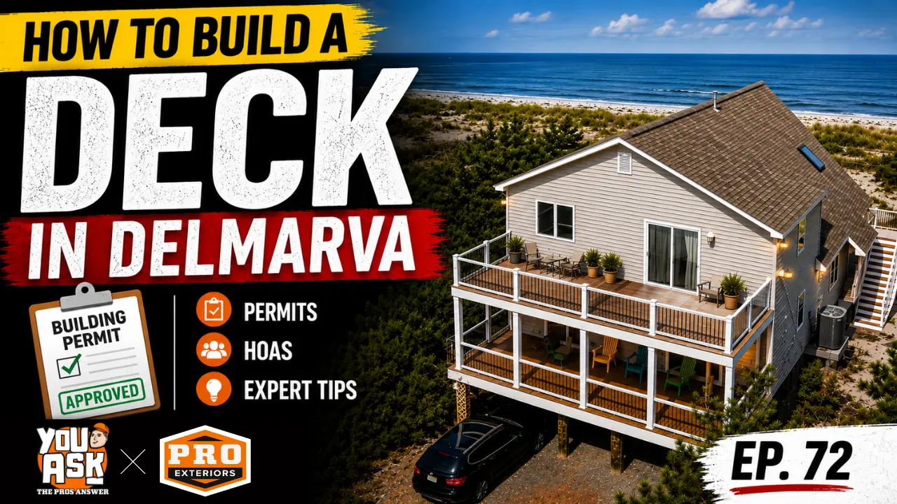 image of beach house with two story deck on the right hand side and then the words how to build a deck in delmarva on the left 
