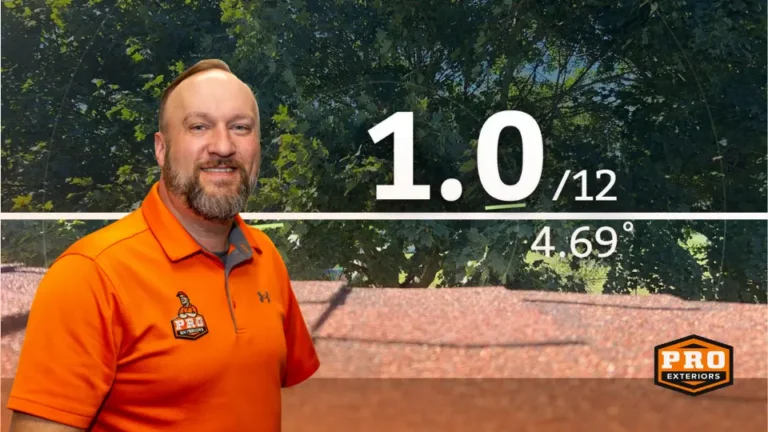 brad wazlavek with low slope roof behind him and an on screen graphic labeling the roof as having a 1:12 pitch