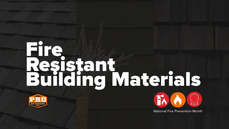 fire resistant building materials graphic highlighting GAF timberline hdz shingles, brava synthetic roof tiles and James Hardie fiber cement siding